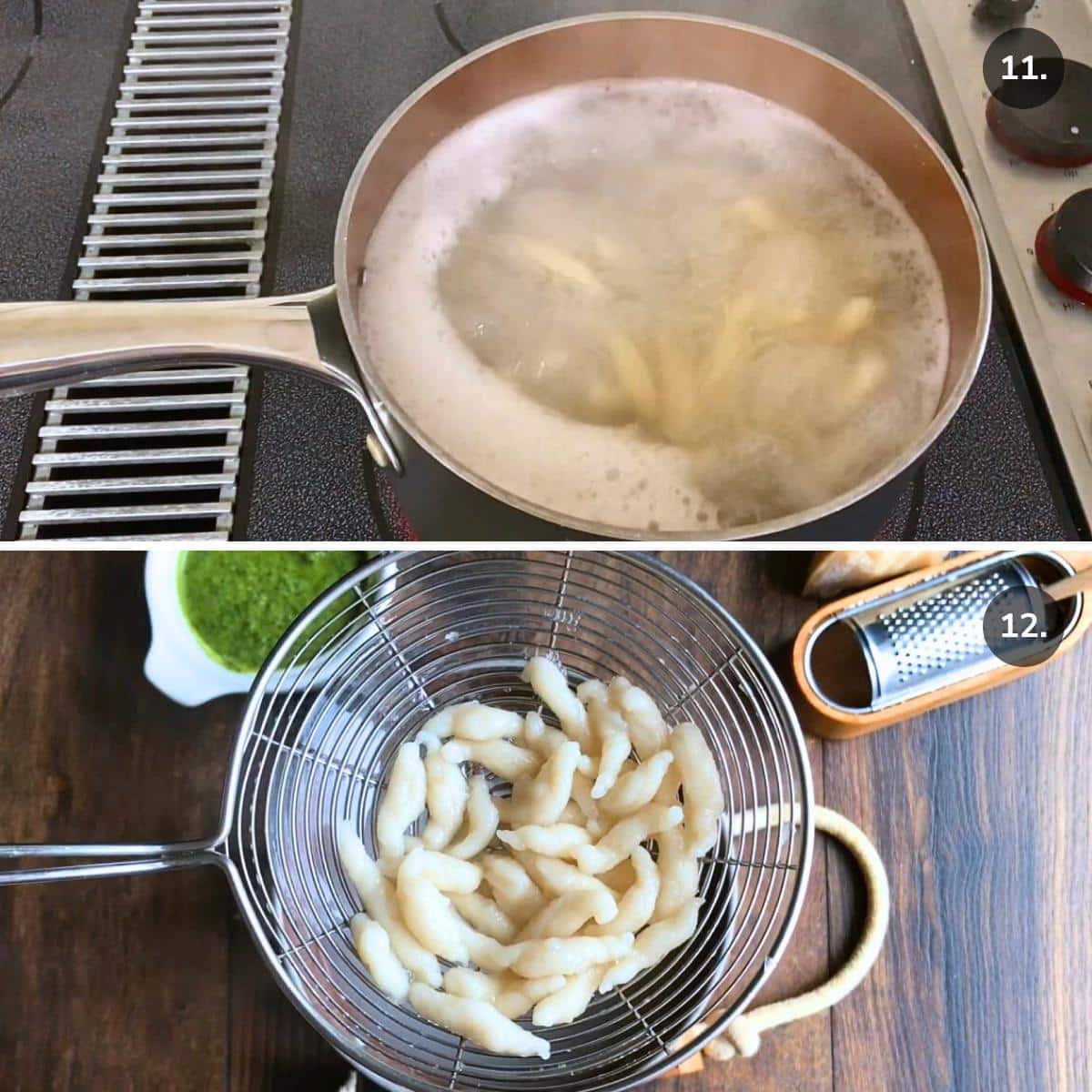 Boiling trofie pasta and draining it. 