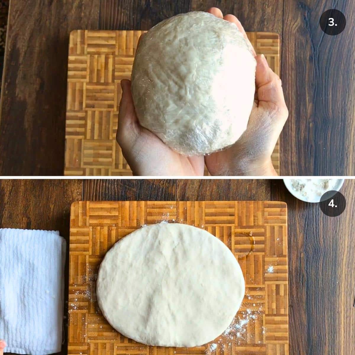 Wrapping pasta dough in plastic wrap and flattened pasta dough on a wooden board.