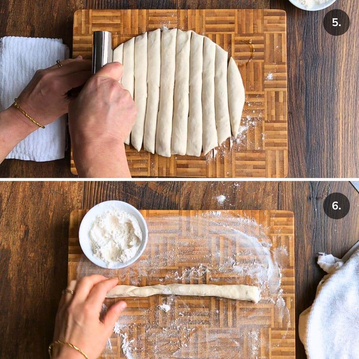 Cutting the pasta dough into strips and rolling into a long thin rope. 