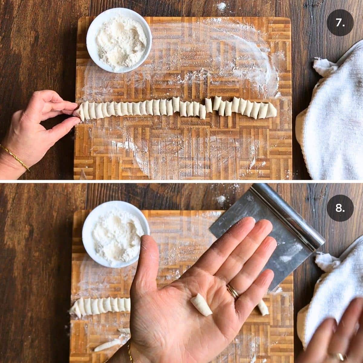 Cutting the pasta rope into small sections and taking one small section into the palm of a hand. 