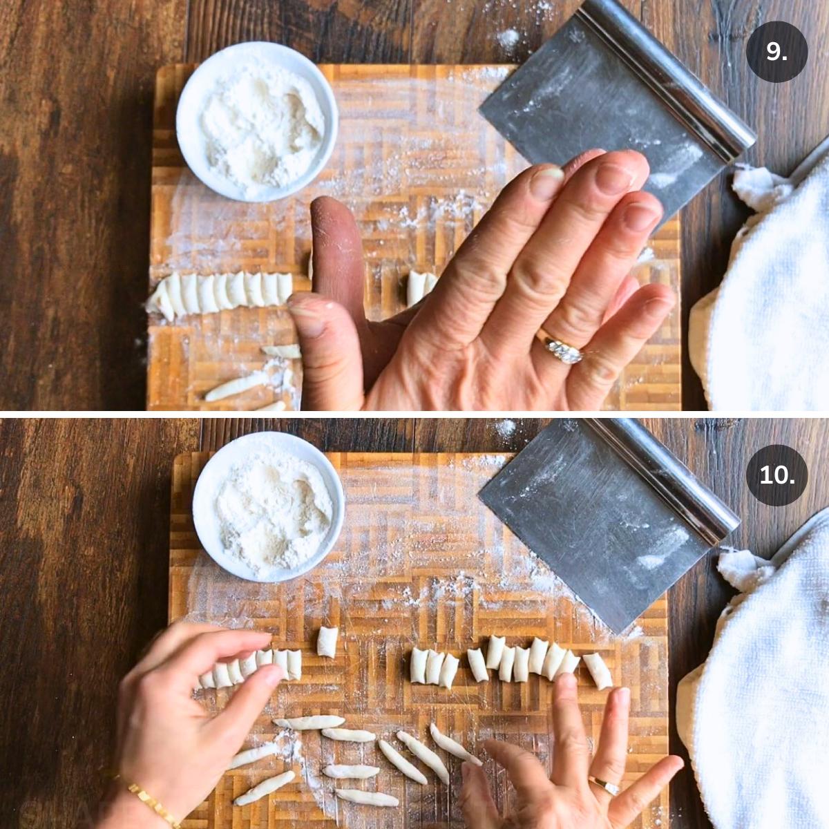 Shaping the pasta dough into crescent shapes.