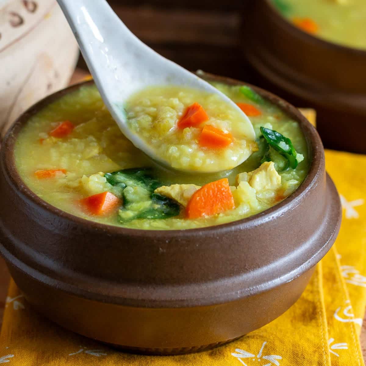 Immunity Booting Soup served up in a brown bowl with a Chinese soup spoon. 