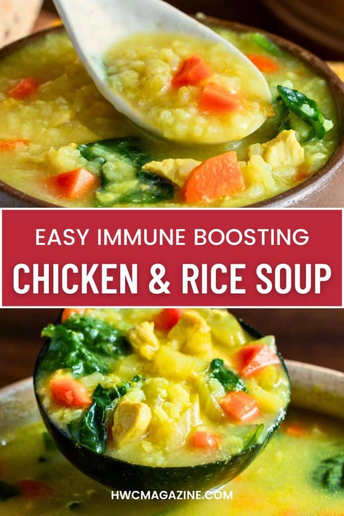 Immune Boosting chicken and rice soup golden with turmeric showing all the chunky vegetables, rice and chicken.