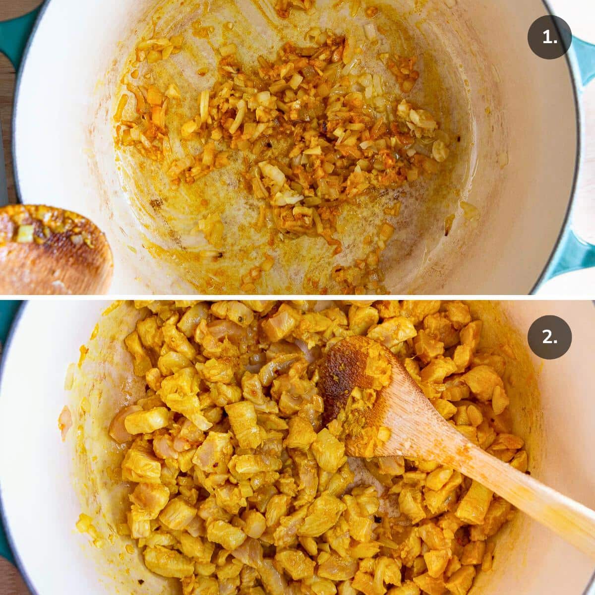 Adding aromatics and chicken to a pot to pan fry. 