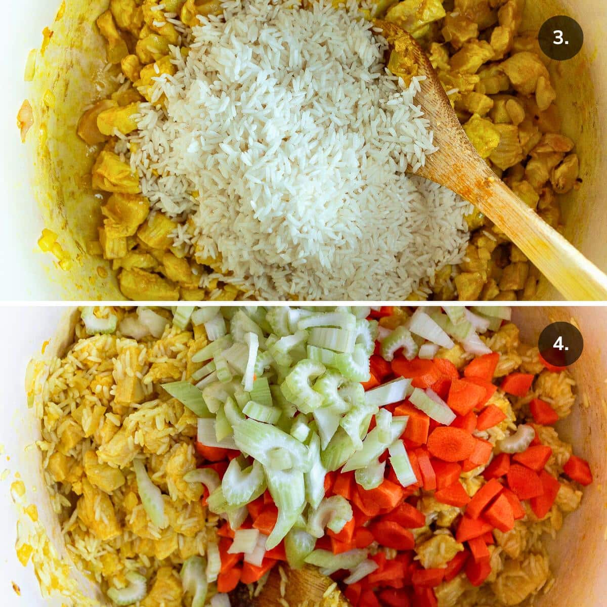 Adding rice and vegetables to pan fried chicken. 