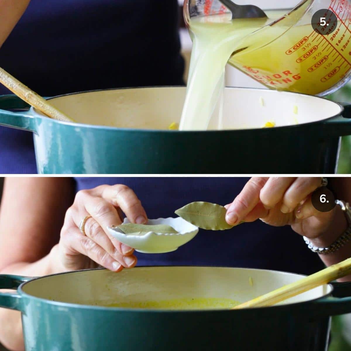 Adding in soup broth and bay leaves to soup pot. 