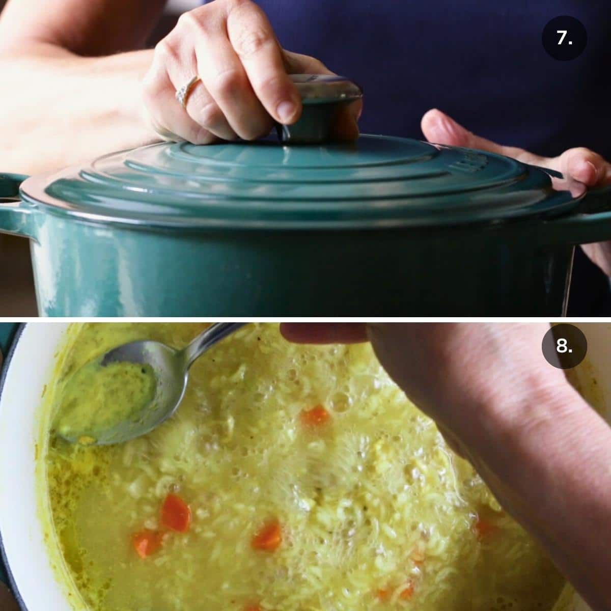 Placing the cover on the pot and skimming the soup. 