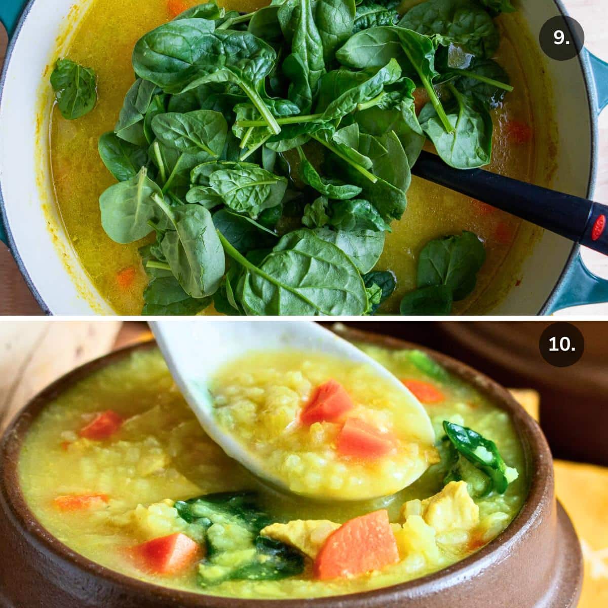 Adding fresh spinach to the soup and serving up in a brown bowl. 