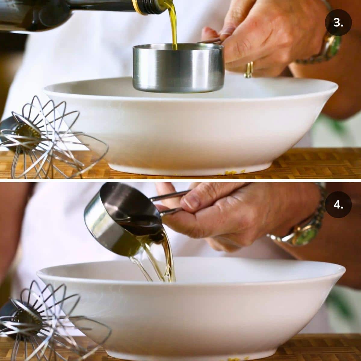 Adding in extra virgin olive oil and white balsamic vinegar into a white ceramic bowl.