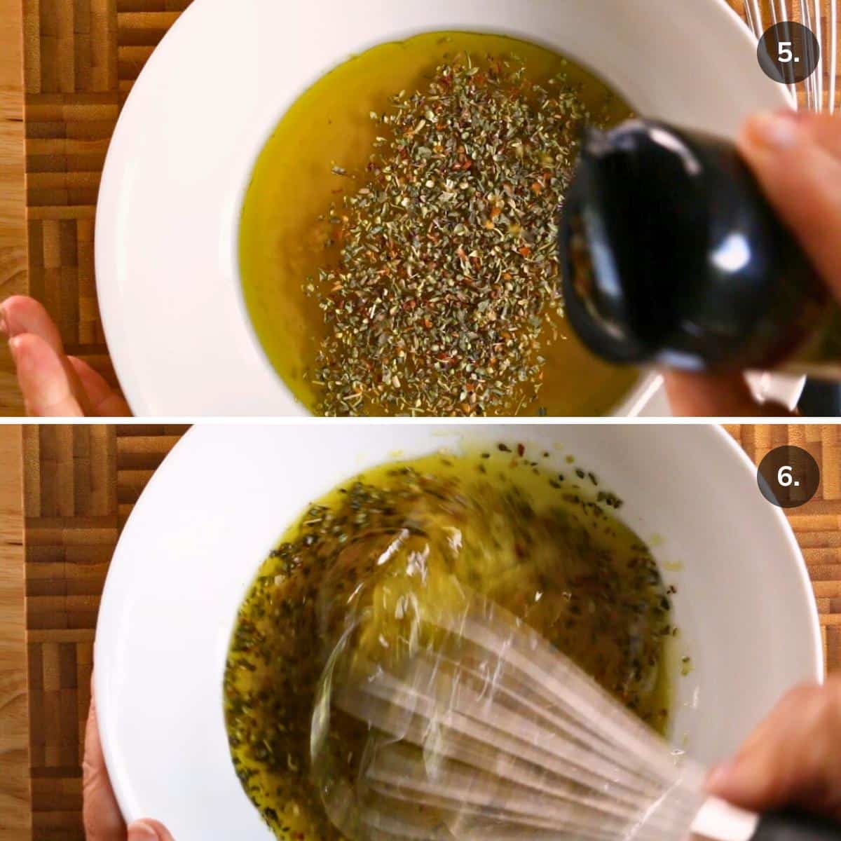 Adding in Italian seasoning and whisking the salad dressing in a white bowl.