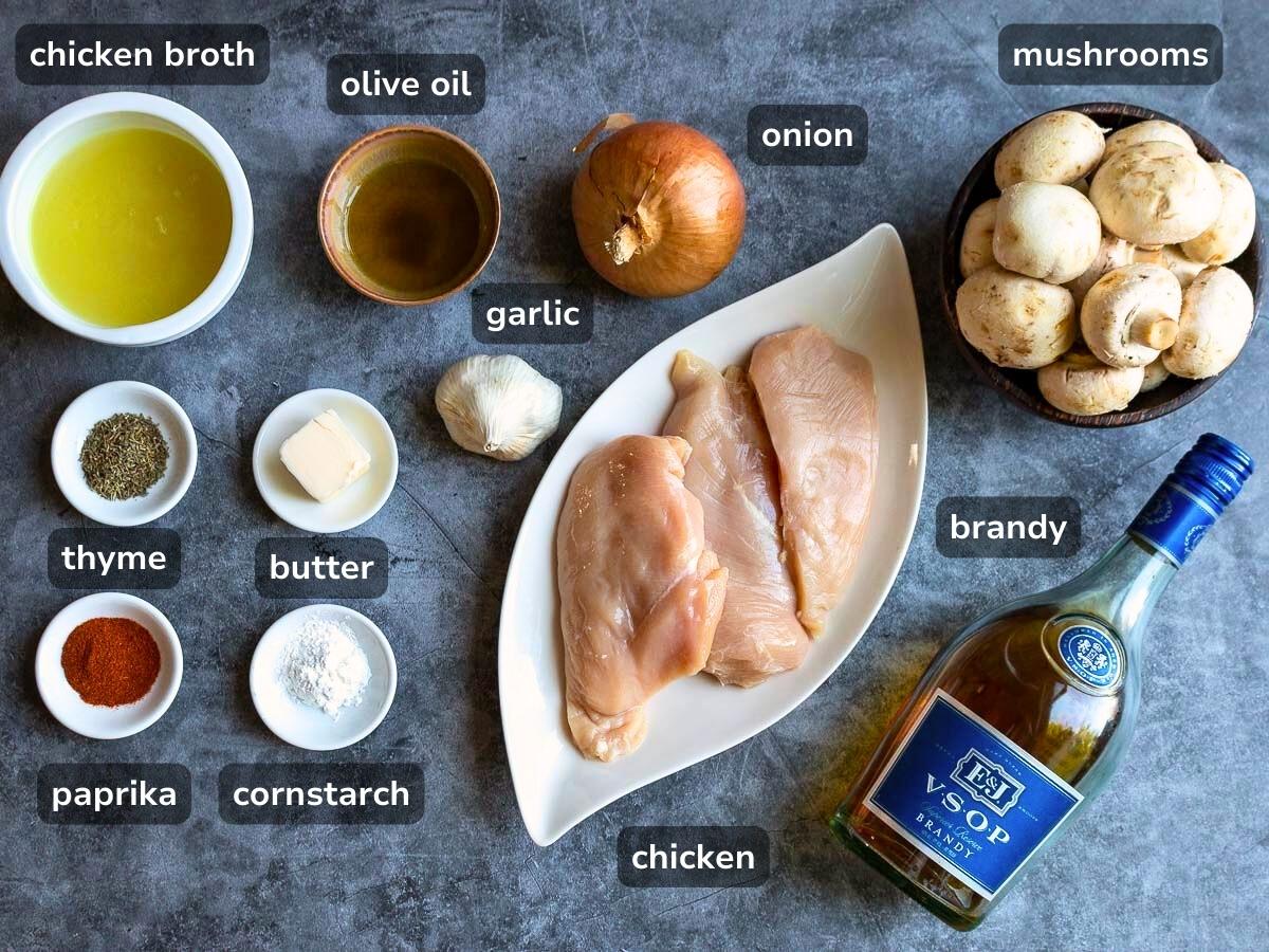 Ingredients to make a chicken and mushroom recipe with no cream. 