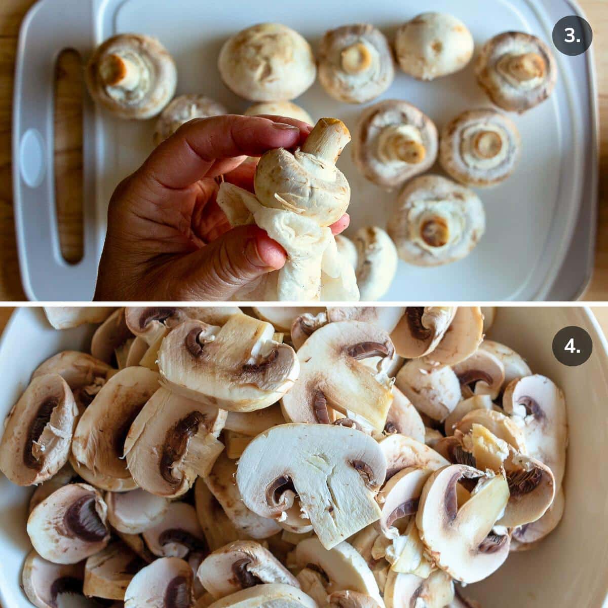 Cleaning the mushrooms with a damp paper towel and slicing.