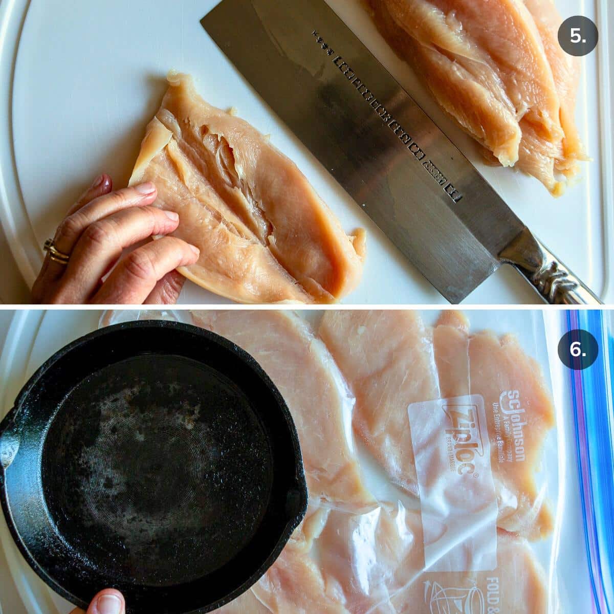 Slicing chicken breasts into cutlets and pounding flat.