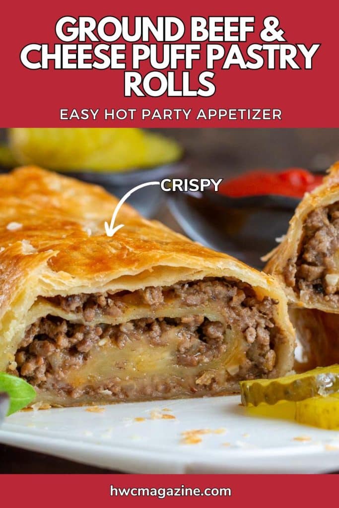 Savory puff pastry rolls with beef and cheese sliced into.