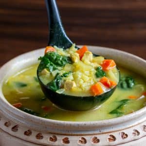 Ladle of immune Boosting Chicken and rice soup over a beige soup pot.