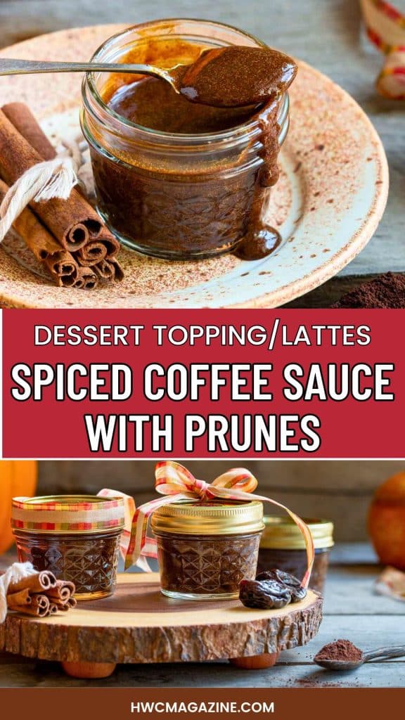 Jar of prune sauce with cinnamon sticks on a beige plate.