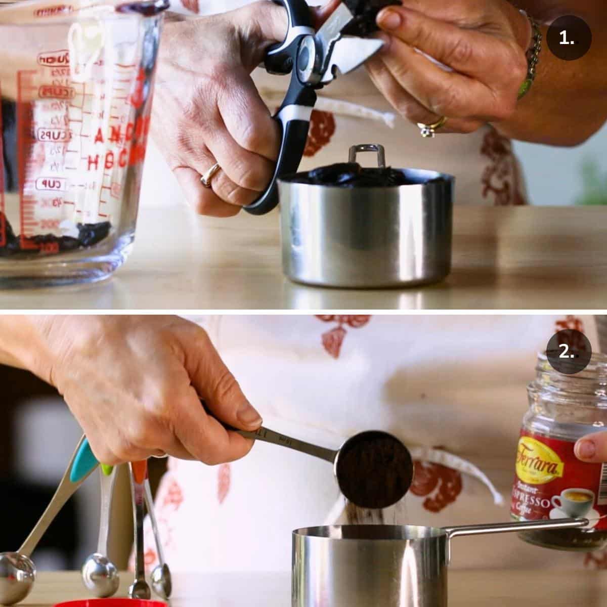 Chopping the prunes and measuring out the instant espresso.