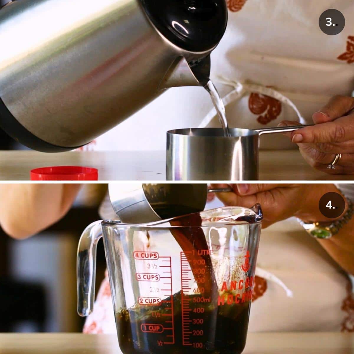 adding boiling water in instant espresso and pouring the mixture over the chopped prunes.