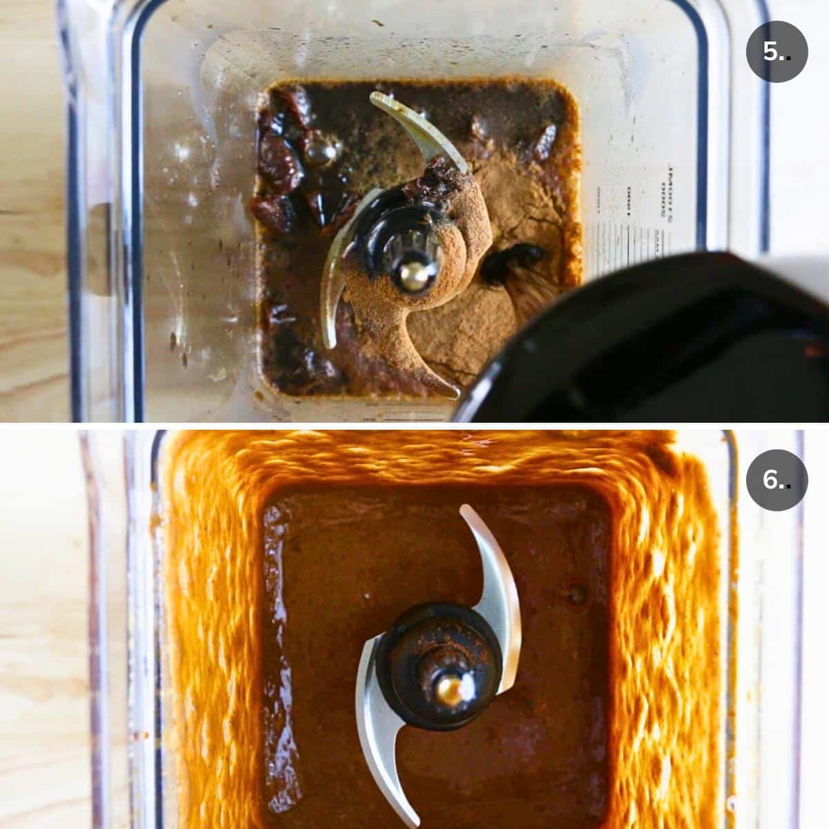 Adding in the pumpkin pie spices and maple syrup to the high speed blender and showing the thick sauce after blended.