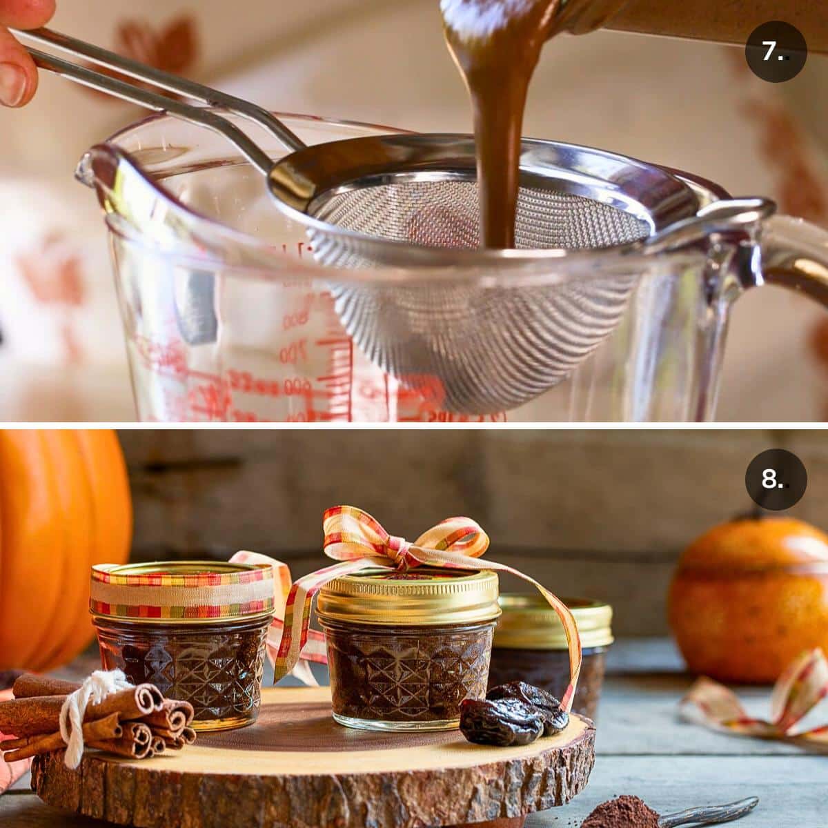 Straining sauce with fine mesh strainer and displayed in glass covered jars. 