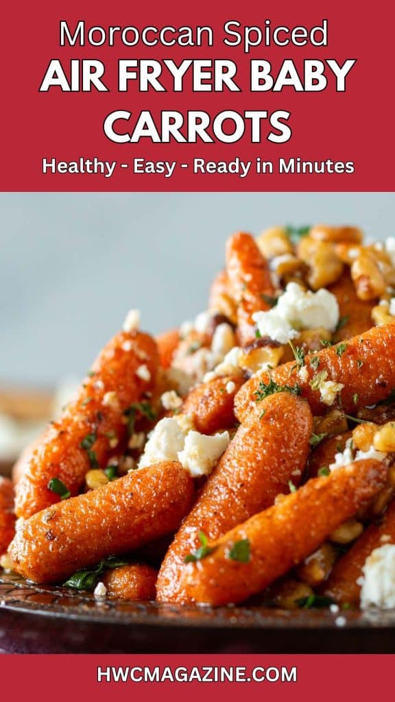 Air fryer baby carrots topped with walnuts on a wooden plate.