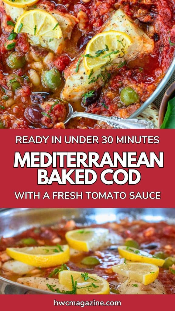 Mediterranean baked cod fish in a fresh tomato sauce with white beans, olives and capers.